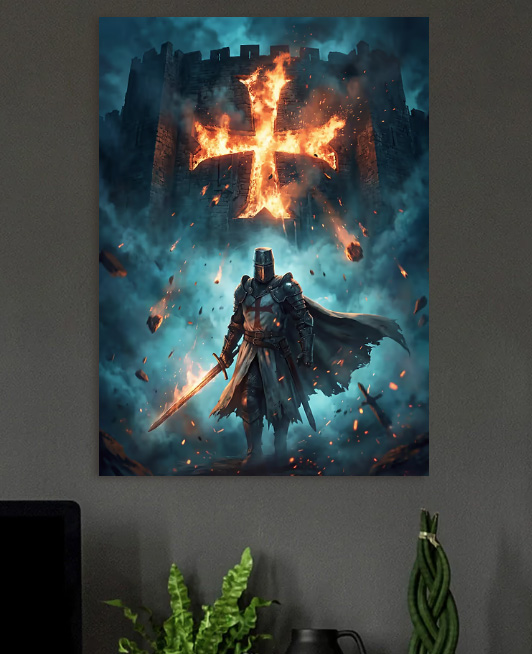 Knight Before a Burning Castle — metal poster wall art by Lineer